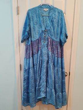 Blue Tiered Button-Front Maxi Dress with Swirls